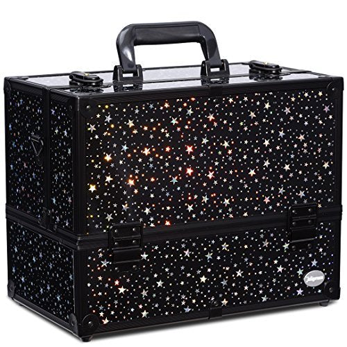 Makeup Case 6 Trays Large 14" x 8.5" x 11" Train Cases Cosmetic Organizer Storage Box by Joligrace - Star Pattern - color: Black Star