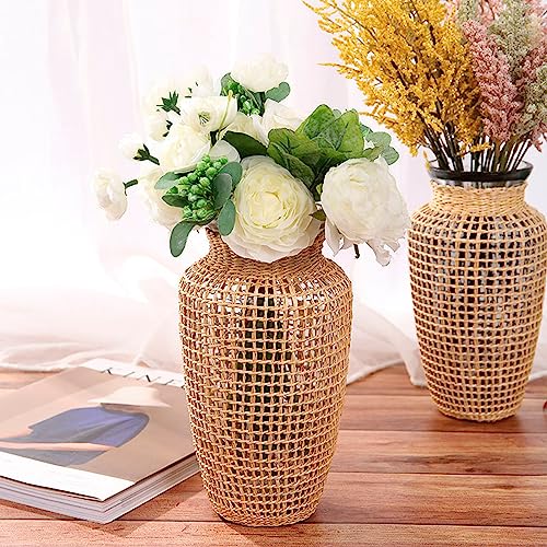 MDEOOSKY Straw Woven Glass Vase 7.9''x2.36''x3.5''Boho Glass Flower Vase Country Rustic Style Vase Glass Vase for Floral Arrangements Bottle Height (A Style 7.9IN) - size: 7.9IN