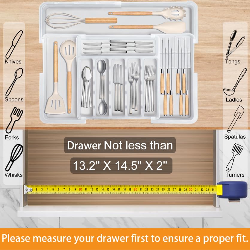 Homecor Silverware Organizer for Kitchen Drawer, Expandable Utensil Drawer Organizer with 2 Knife Block, Flatware and Cutlery Holder, Adjustable Plastic Storage for Spoons Forks Knives - color: White