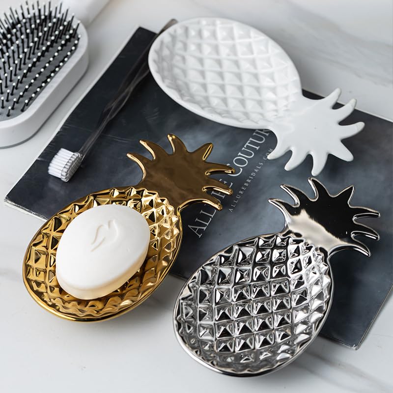 Chic Soap Dish, Pineapple Shape, Fluted Design, Decorative Ceramic Tray(White) - color: White