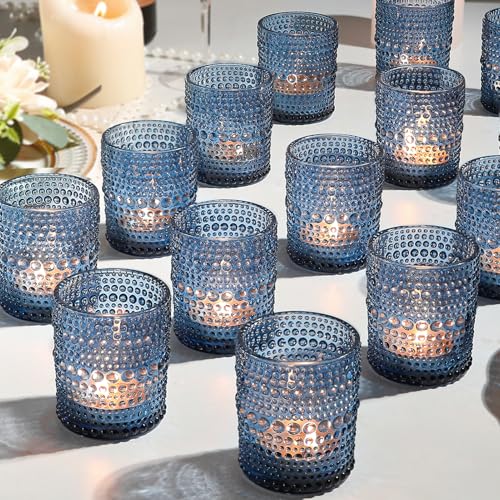 24 Pack Votive Candles Holders - 2x2.5in Blue Vintage Glass Votives Tealight Candle Holders for Table Centerpieces, Tea Light Candle Holder Decor for Wedding Bridal Shower Party - color: Blue