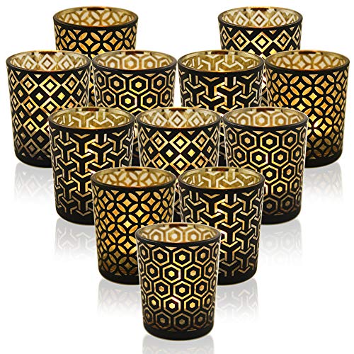 SHMILMH Black Gold Glass Votive Candle Holders Set of 12, Tealight Candle Holder with 4 Patterns for Ramadan Decorations, Eid Mubarak, Wedding Centerpiece, Modern Home Table Decor, Gift Set - color: B&g 4 Patterns