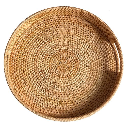 11.8" Round Rattan Tray, Hand Woven Serving Tray with Handles, Wicker Serving Basket, Decorative Tray for Home Decor, Natural - color: Natural, size: 11.8"