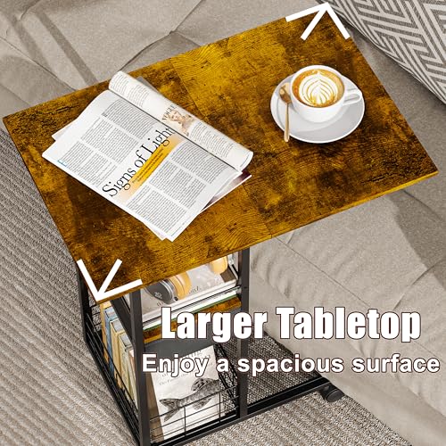 Rolling C-Shaped Side Table with Charging Station, Night Stand with Type-C & USB Port and Outlet for Bedroom, Spacious Coffee Table with Wheels for Living Room, Home Office, Small Space(Large Desktop) - color: Black, size: X-Large (With Charging)