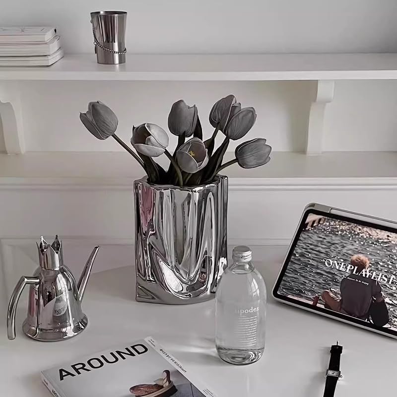 Ceramic Silver Flower Vase, Crinkle Paper Shape, Metal Decorative Home Accent (Large) - size: Large