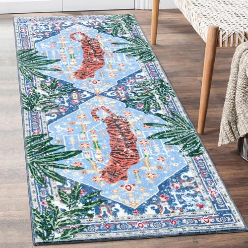 Oriental Tropical Hallway Runner Rug 2x6 Washable, Thin Stain Resistant Blue Boho Runner Rug for Entryway Kitchen Bedroom Laundry, Vintage Abstract Hippie Indian Botanical Long Floor Carpet - color: Blue, size: 2' x 6'