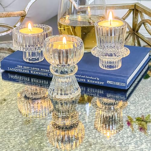 Kate Aspen Vintage Ribbed Glass Black Candlestick Holders, Pillar Candle, Tealight & Votive Candle Holders (Set of 6, 3 Assorted Sizes), Dining Table Decor, Shelf Decor, Centerpiece - color: Clear