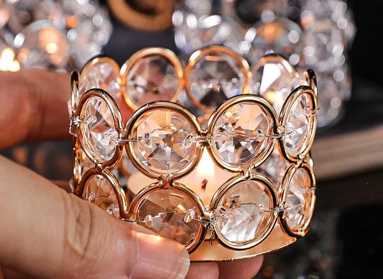 Crystal Tea Light Candle Holders，Gold Candlestick Holders for Wedding Party Table Decoration Housewarming Gift（2pcs）