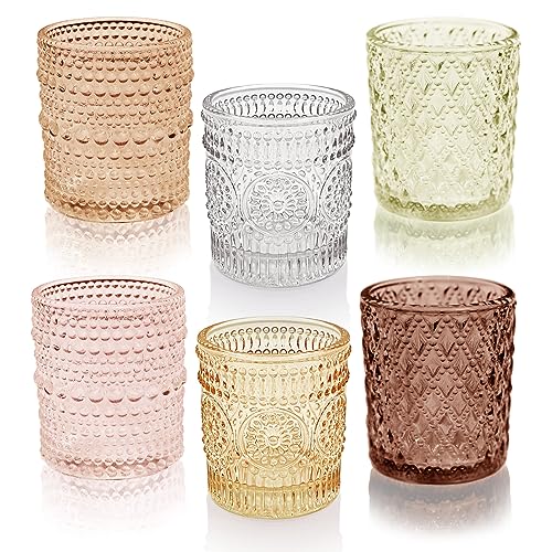 12 pcs Glass Votive Candle Holders, 6 Colors 3 Patterns Tealight Candle Holders for Fall Wedding Table Centerpiece Birthday Decoration - color: Multicolor