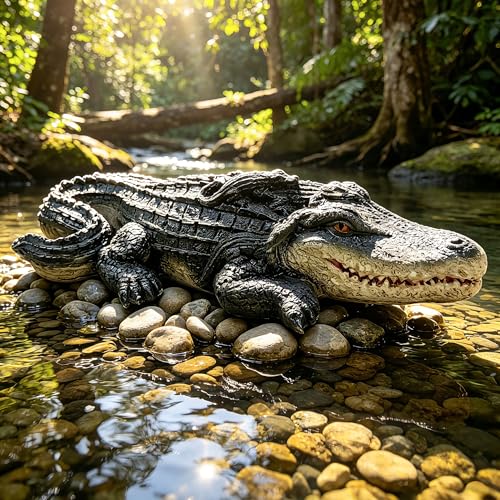 Teaeeno Garden Alligator Decor Outdoor,Crocodile Sculpture for Stuff Pond Decor,Florida Alligator Sculpture for Yard Art,Realistic Wild Animal,Reptile Figure,Florida Alligator,Perfect for Man(Black) - color: Gray