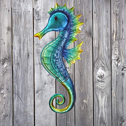 JOYBee 18inch Metal Large Seahorse Wall Art Decor,Christmas Decorations,Bathroom Ocean Glass Art Outdoor Hanging Beach Theme Decorations for Outdoor Indoor Kitchen Garden Patio,Porch or Fence - color: seahorse