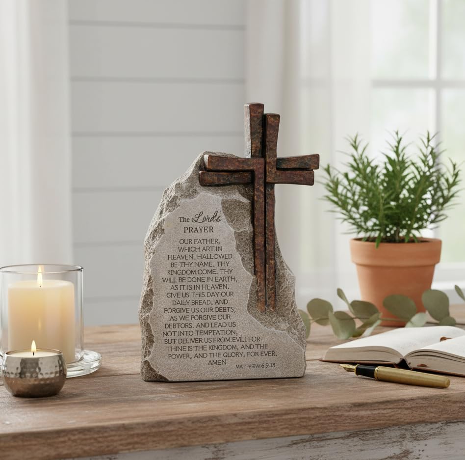 The Lord's Prayer Stone Decor with Bronze Color Cross, 9.4 inches, Religious Table Decoration for Home Office - color: Gray