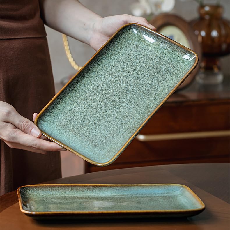 10 Inch Green Ceramic Rectangular Serving Platter, Reactive Glaze Serving Tray for Dinner, Appetizer, Sushi, Vanity Organizer, Perfume Tray, Microwave & Dishwasher Safe