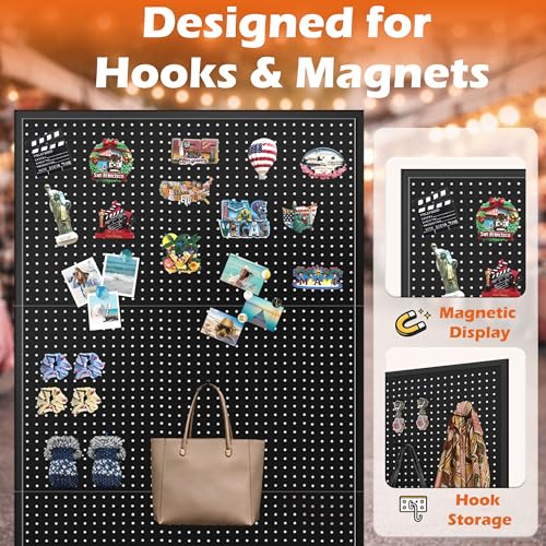Royxen 3.5 x 6 Feet Metal Pegboard with 50 Hooks, Peg Board Display Stand with Wheels, Large Standing Pegboard Displaywith T-Base Art Display Stand for Retail Stores Exhibitions Homes (Black) - color: Black