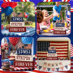 CroBlissful 5 Pcs 4th of July Decorations Patriotic Memorial Day Tabletop Decoration Forever Red White Blue Table Centerpieces Sign for Office Tiered Tray Home Shelf 250th Anniversary - style: Forever