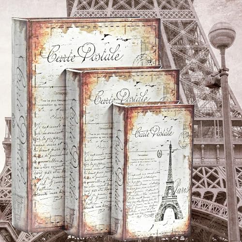 Bellaa 28069 Decorative Book Box Gift Set of 3 Paris Eiffel Tower Vintage Hidden Invisible Secret Storage Heavy Bookends Bookshelves Support End Magnetic Cover Stash Designed Wood Flux Leather - style: Paris White