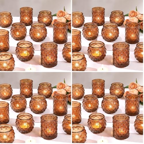 DARJEN Amber Votive Candle Holders Set of 24- Round Candle Holders Bulk, Glass Candle Holder for Vintage Decoration, Tea Lights Candle Holders for Wedding Home Party & Gift (Pack of 4) - color: Amber, size: 24 Pcs (Pack of 4)