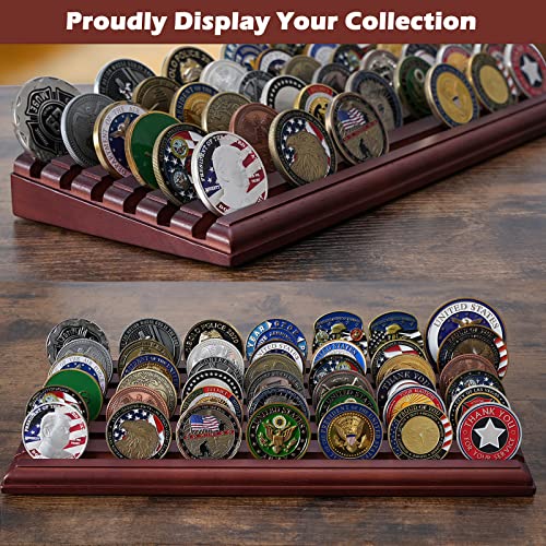 LIUYALO Challenge Coin Display, 6 Row Military Coin Holder Display Rack, Solid Wood Coin Rack Stand Holds 42 Coins with Deep Anti-Slip Grooves, Collector Display for Desk or Shelf - color: bronze
