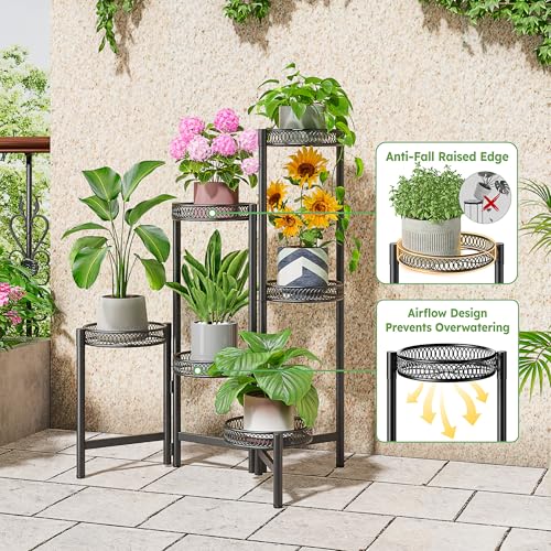 6 Tier Large Plant Stand Indoor with 7.9-Inch Wide Drainage Tray, Tiered Corner Metal Outdoor Flower Display Holder Shelf, Folding Tall Rack for House Patio Porch Balcony Graden - BlackFlower - color: BlackFlower, size: 6-Tiers