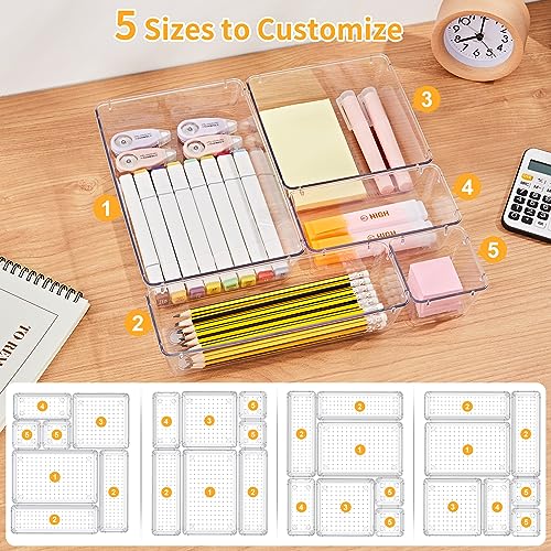 SMARTAKE 13-Piece Drawer Organizers with Non-Slip Silicone Pads, 5-Size Desk Bathroom Drawer Organizer Trays Storage Tray for Makeup, Jewelries, Utensils in Bedroom Dresser, Office and Kitchen, Clear - size: 13 PCS