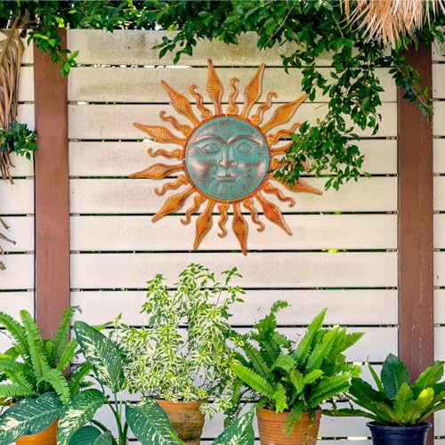 HOBYLUBY Large Outdoor Wall Decor Rust Proof, Sun Face Metal Wall Art Decor Hanging for Indoor Outdoor, Patio, Fence, Garden(Orange) - color: Orange