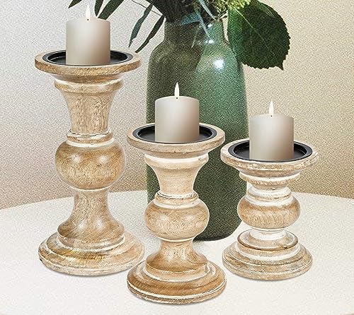 Candle Stands Wooden for Pillar Candles,Rounded Turned Colums, Sustainable Woods, Country Style, Ideal for Reiki, Aromatherapy, Votive Candle Gardens Home décor - 10,8,6 Inch Set of 3 - White Wash - color: White Wash, size: 10,8,6 Inch Set of 3 - Mid Rib