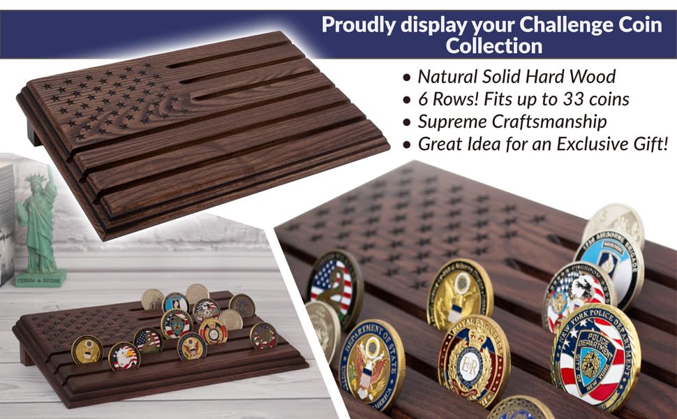 TESLYAR 6 Rows Military Challenge Coins Display Stand - Wooden Holder for 30-36 Coins - Solid Wood Display Rack for Desk - Army Collectible Challenge Coin Display Case - American Flag Design (Brown) - color: Brown