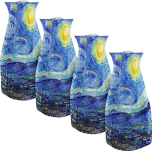 MODGY Expandable Flower Vase, Plastic Decorative Modern Foldable Printed Vases for Centerpieces for Wedding, Dining Table, Home Decor, Living Room, Bathroom, Starry Night, Vincent Van Gogh, 4 Pack - style: 4 Pack