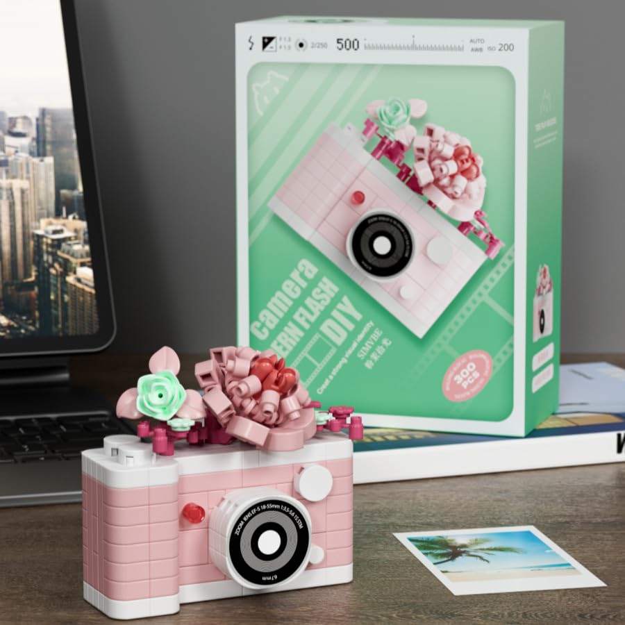 Pastel Pink Camera Miniature Figurine - Charming Floral Desktop Collectible - color: Pink