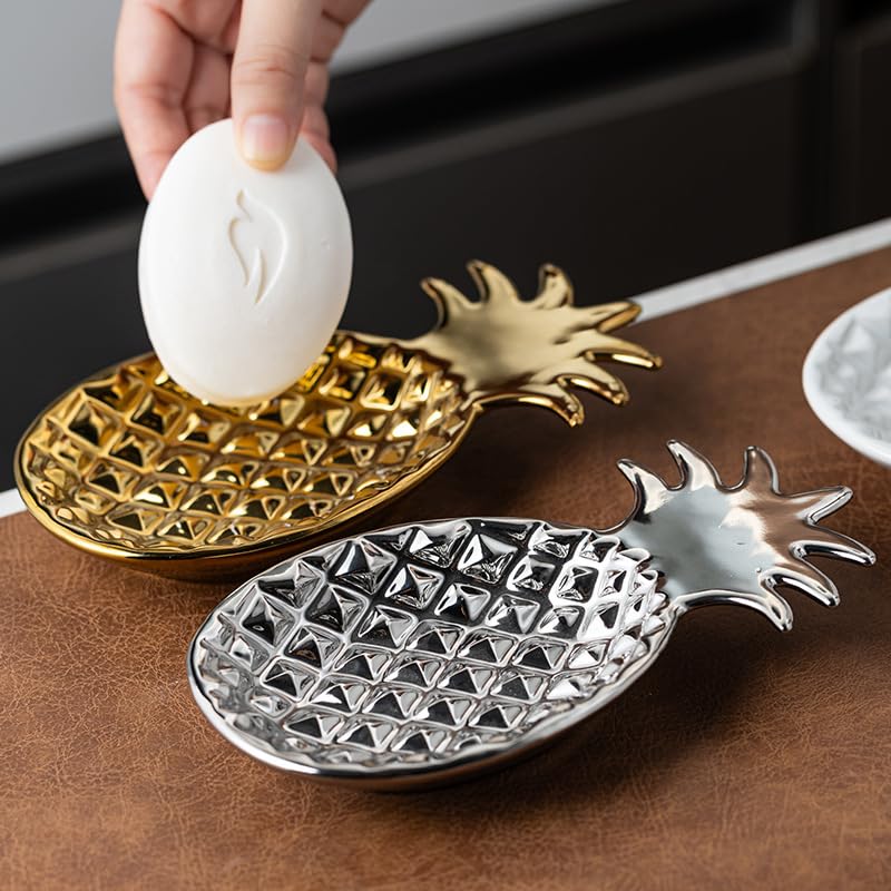 Chic Soap Dish, Pineapple Shape, Fluted Design, Decorative Ceramic Tray(Silver) - color: Silver