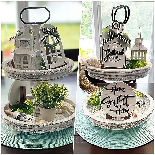 Houmury Set of 17 Farmhouse Tiered Tray with 1 Lantern Artificial Plant& Cutting Board Sign for Rustic Home Sweet Home Kitchen Decor Tier Tray Decor Set