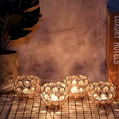 OwnMy Set of 4 Crystal Bowl Tealight Holders Small Round Votive Candle Holders, Gold Crystal Tea Light Candle Lanterns Candle Stands for Dining Table Centerpieces Wedding Decors - color: Gold