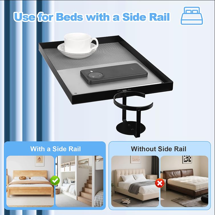 Luckyone Bedside Shelf Metal for Bunk Bed & Top Bunk, Clip On Nightstand, Bed Side Table Tray Organizer, College Dorm Room Essentials with Hook, Cord Clip and Cup Holder