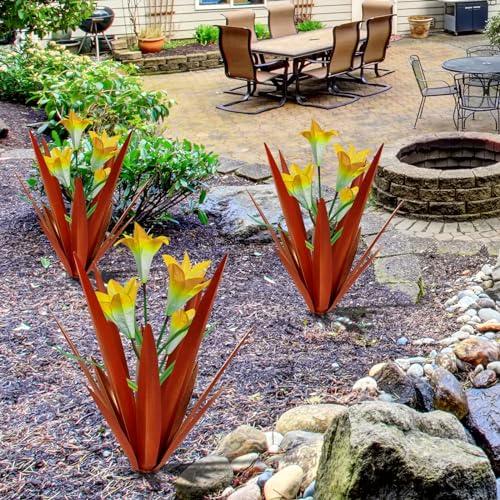 Homight Metal Agave Plant Outdoor Decoration Lily Mexican Yard Art Garden Gift Home Decor Hand Painted Metal Agave Garden Yard Statue, Outdoor Lawn Ornaments(3 Big Yellow Lilies) - color: 3 Big Yellow Lilies