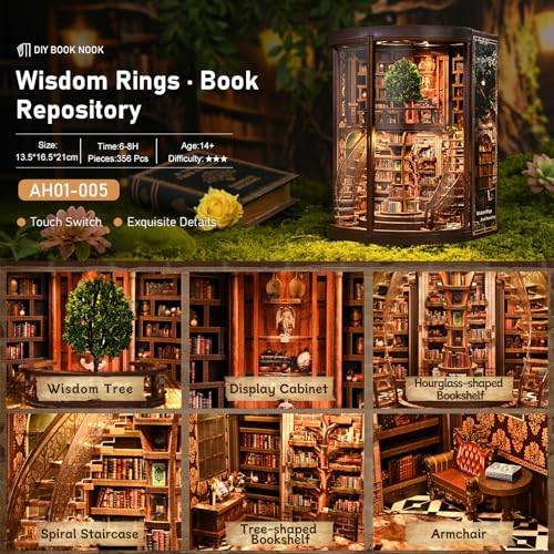Book Nook Kit - Wisdom Rings Book Archive - Wooden Bookend and 3D Puzzle with LED Light, DIY Set for Adults, Bookshelf Decoration Diorama Kit, for Birthdays