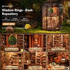 Book Nook Kit - Wisdom Rings Book Archive - Wooden Bookend and 3D Puzzle with LED Light, DIY Set for Adults, Bookshelf Decoration Diorama Kit, for Birthdays