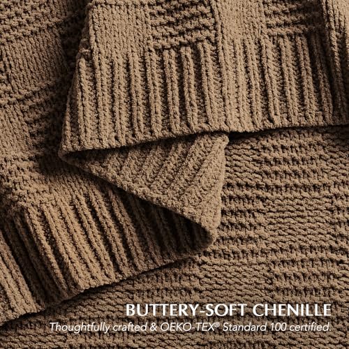 EVERGRACEHOME Modern Checkered Chenille Throw Blanket, Soft Cozy Plaid Knitted Chair Blanket for Sofa Couch, Decorative Knit Throw for Bed and Living Room, Camel Brown, 50" x 60" - color: Checkered Camel Brown, size: 50" x 60"