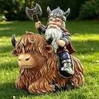 Viking Warrior Gnome Riding Highland Cow Statue, Hand-Painted Resin Sculpture Figurine for Yard Garden Patio Lawn Ornaments, Unique Home Decor Housewarming Gift