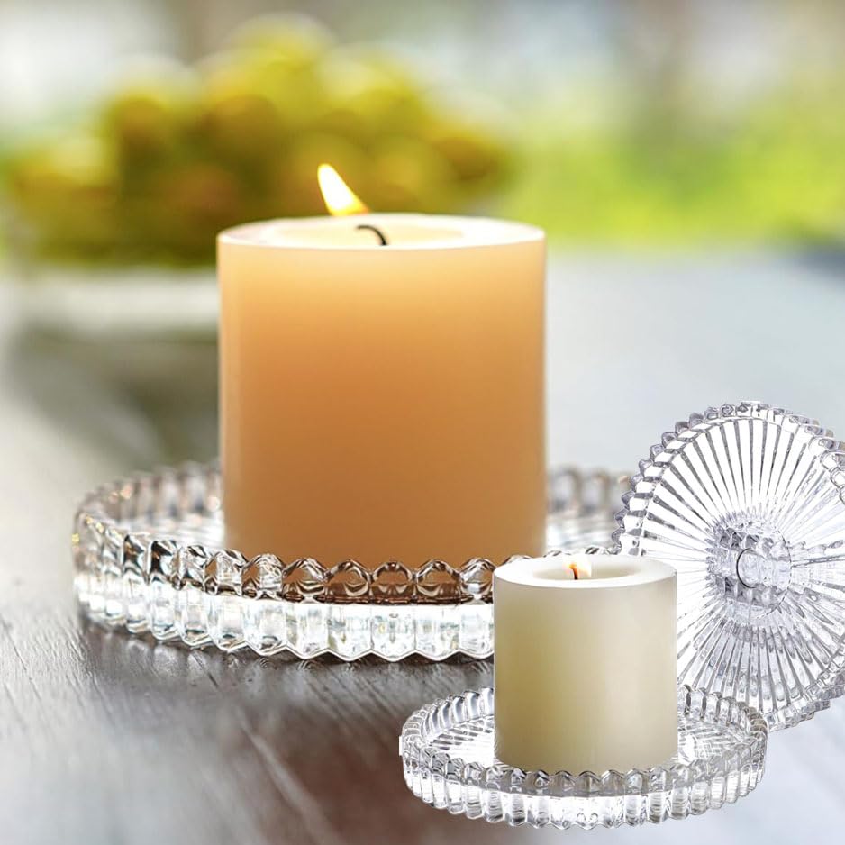 6Pcs Clear Glass Pillar Candle Holder Plates,3.5'' Round Glass Candle Plate,Candle Tray Plates for Dinning Wedding Party Table Centerpiece