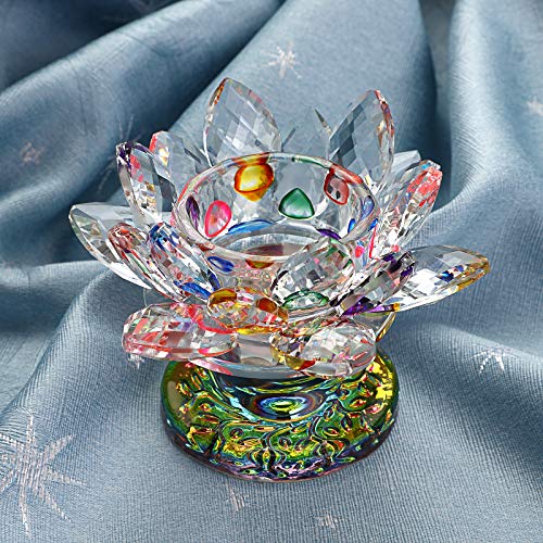 OwnMy Crystal Lotus Flower Tea light Holder Lotus Petals Candle Holder Stand Candlestick with Glass Base, Votive Flower Tealight Holder with Gift Box for Home Decor Window Sill Wedding Party, Colorful