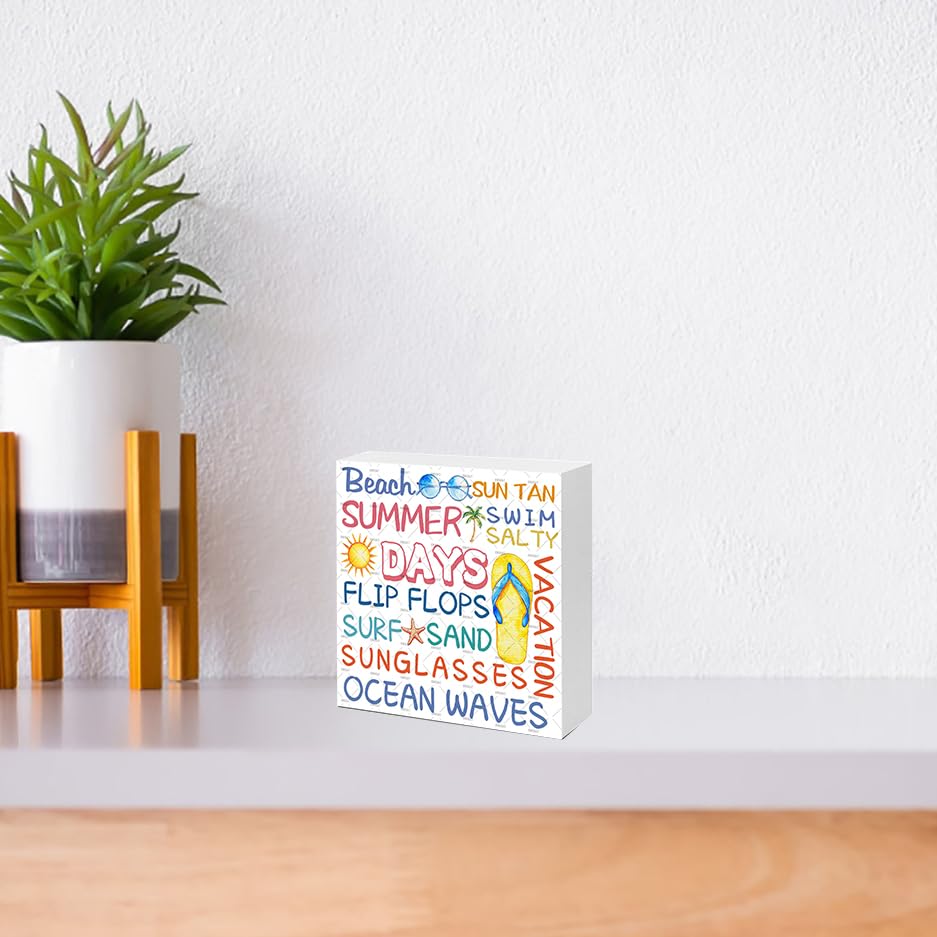 Summer Room Decor, EMOHAT Summer Days Rustic Wood Box Signs Blocks, Beach House Decor Home Farmhouse Shelf Table Wood Sign Plaque 5.1x5.1 inch - color: Summer Days