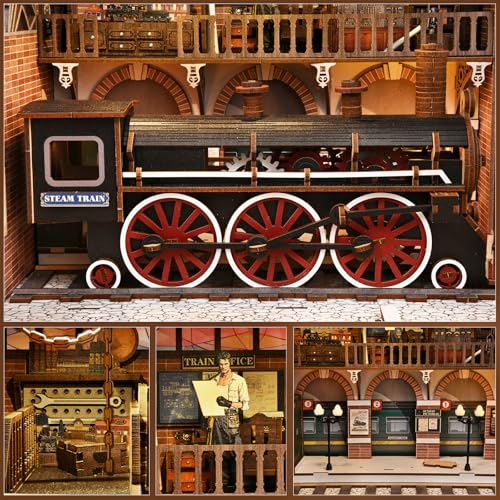 Book Nook Kit, Book Nook Kits for Adults DIY Booknook Model Build, DIY 3D Wooden Puzzle Bookend Booknook Bookshelf Insert Miniature Dollhouse Kit for Home Decoration - style: Train Repair Station