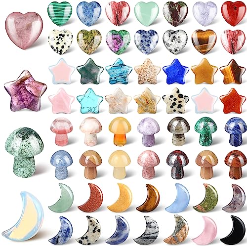 Nuenen 60 Pieces 20 * 20 * 6 mm Crystal Mushroom Sculpture Heart Shaped Moon Star Crystals Stones Bulks Worry Stones Assorted Hand Making Palm Thumb Gemstones for Witchcraft Meditation Reiki(Classic) - color: Classic, size: 20*20*6 mm