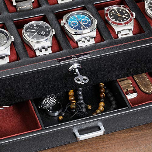 ROTHWELL 12 Slot Leather Watch Box with Valet Drawer - 12 Slot Luxury Watch Case Display Organizer, Microsuede Liner, Mens Accessories Holder, Jewelry Case, Jewelry Display Organizer (Black/Red) - color: Black/Red