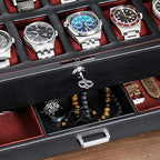 ROTHWELL 12 Slot Leather Watch Box with Valet Drawer - 12 Slot Luxury Watch Case Display Organizer, Microsuede Liner, Mens Accessories Holder, Jewelry Case, Jewelry Display Organizer (Black/Red) - color: Black/Red