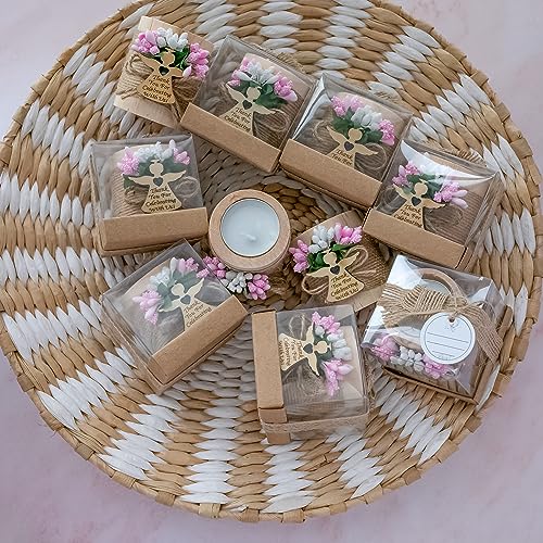 Ju's Favors Wooden Candle Holders Set of 10 for Baptism Gift, Christening Party Favors, Guest Favors,Baby Shower Party Favors. (Light brown - pink) - color: Light Brown - Pink