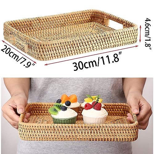 Hipiwe Rattan Serving Tray Hand Woven Tray with Handles Rattan Rectangular Basket Trays for Storage Breakfast Dessert Fruit Decorative Trays for Coffee Table, 11.8x7.9x1.8inch - color: Natural Color, size: 11.8" x 7.8" x 1.9"