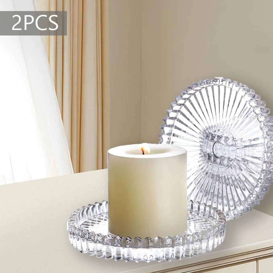 2PCS Clear Glass Pillar Candle Plates，Round Glass Candle Holder，Small Candle Holders for Pillar Glass 3" for Dinning Wedding Party Table Centerpiece