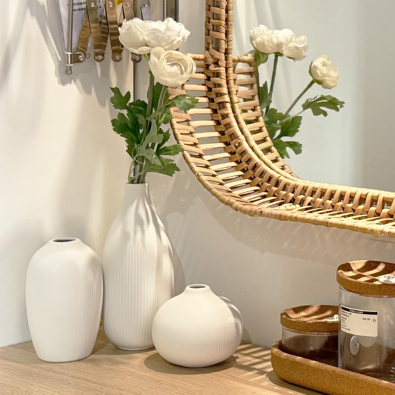 White Ceramic Vase Set of 3 - Small Modern Minimalist Ceramic Bud Vases for Home Decor - Boho Aesthetic Flower Vases for Desk, Shelf & Table, Mantle, Bookshelf (Cute & Versatile) (White) - color: White