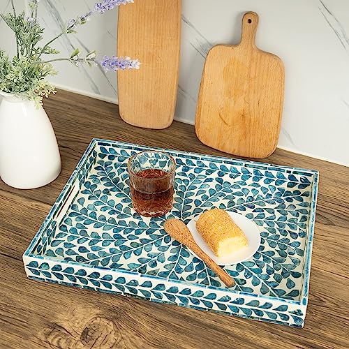 CLAYNIX Serving Tray 15.7" X11.8", Lacquer Mother of Pearl Inlay Mosaic Tray, Rectangle Wooden Marble Tray with Handles Trays for Tea, Breakfast in Bed, Table (Blue) - color: Leaf Style